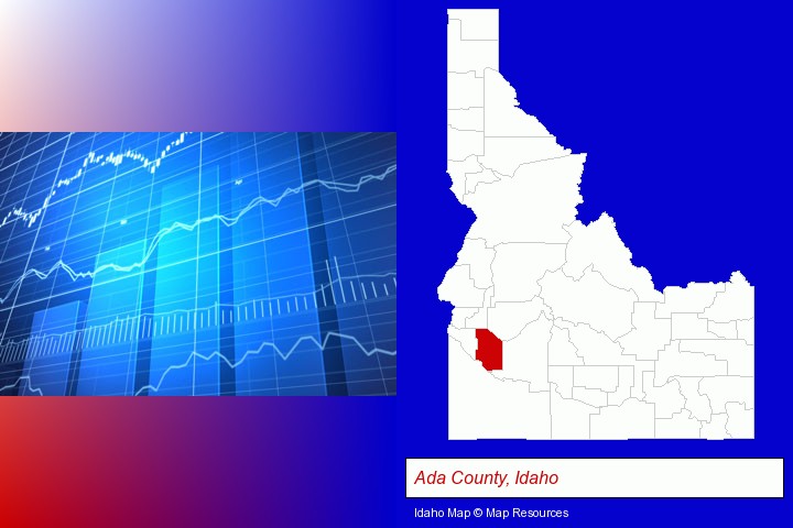 a financial chart; Ada County, Idaho highlighted in red on a map