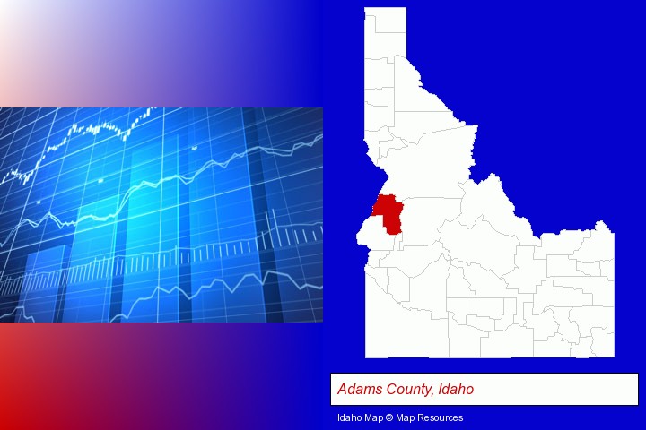 a financial chart; Adams County, Idaho highlighted in red on a map