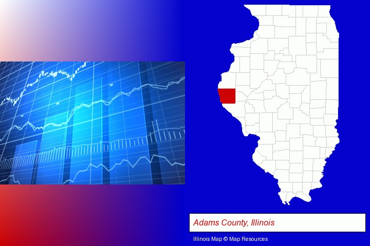 a financial chart; Adams County, Illinois highlighted in red on a map