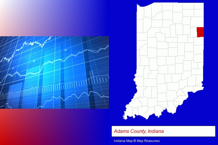 a financial chart; Adams County, Indiana highlighted in red on a map