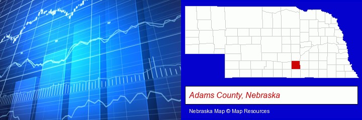 a financial chart; Adams County, Nebraska highlighted in red on a map