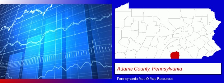 a financial chart; Adams County, Pennsylvania highlighted in red on a map