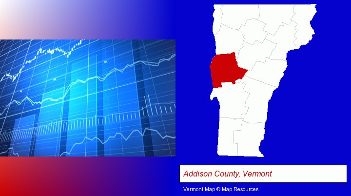 a financial chart; Addison County, Vermont highlighted in red on a map