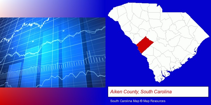 a financial chart; Aiken County, South Carolina highlighted in red on a map