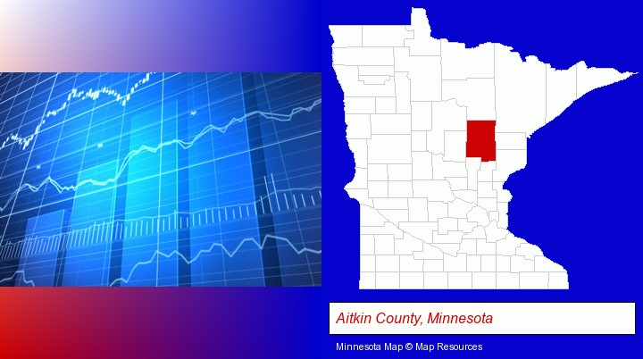 a financial chart; Aitkin County, Minnesota highlighted in red on a map