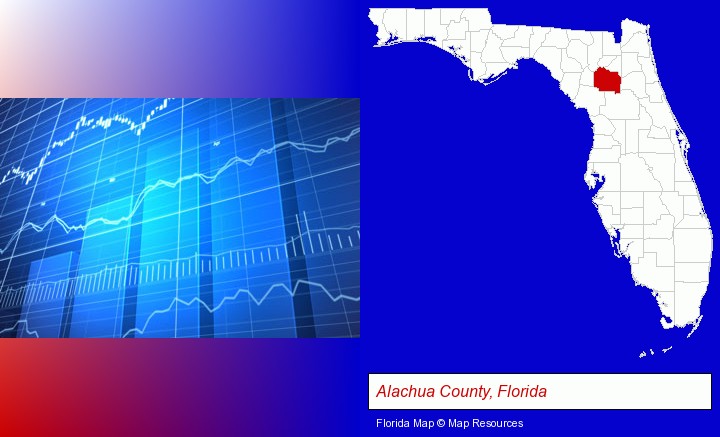 a financial chart; Alachua County, Florida highlighted in red on a map