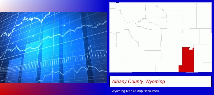 a financial chart; Albany County, Wyoming highlighted in red on a map