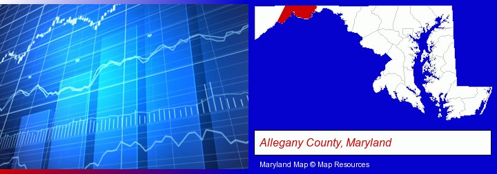 a financial chart; Allegany County, Maryland highlighted in red on a map