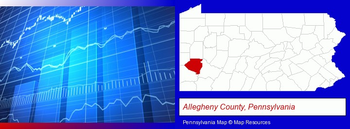 a financial chart; Allegheny County, Pennsylvania highlighted in red on a map