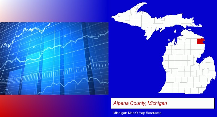 a financial chart; Alpena County, Michigan highlighted in red on a map
