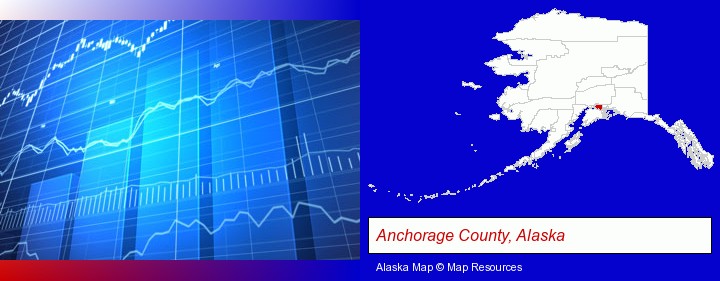 a financial chart; Anchorage County, Alaska highlighted in red on a map
