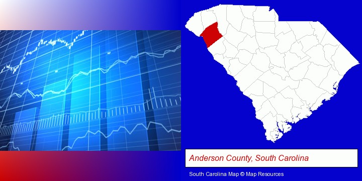 a financial chart; Anderson County, South Carolina highlighted in red on a map