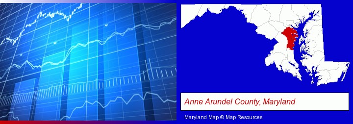 a financial chart; Anne Arundel County, Maryland highlighted in red on a map