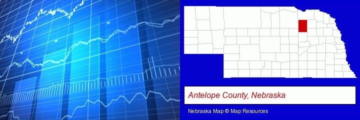 a financial chart; Antelope County, Nebraska highlighted in red on a map