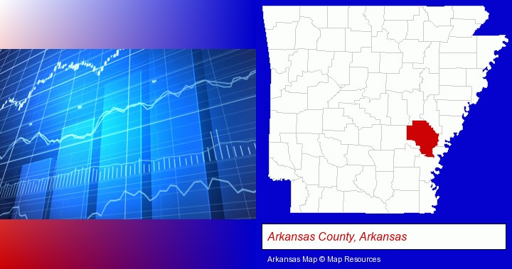 a financial chart; Arkansas County, Arkansas highlighted in red on a map