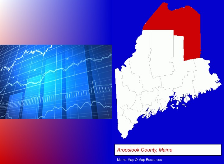 a financial chart; Aroostook County, Maine highlighted in red on a map