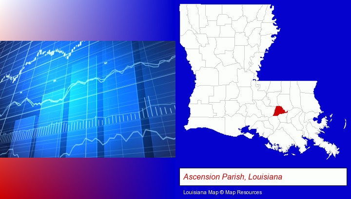 a financial chart; Ascension Parish, Louisiana highlighted in red on a map