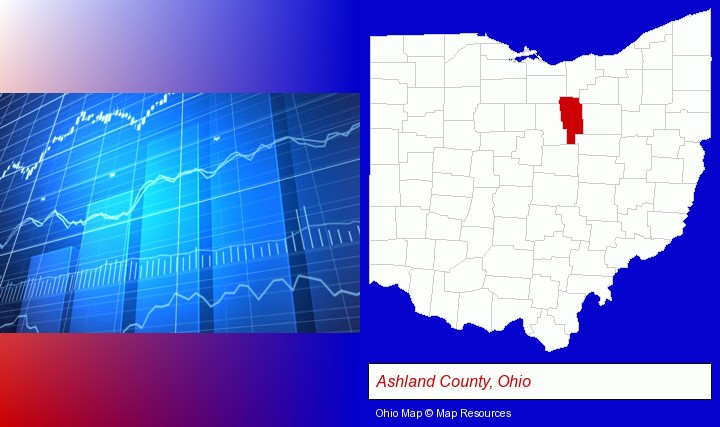 a financial chart; Ashland County, Ohio highlighted in red on a map