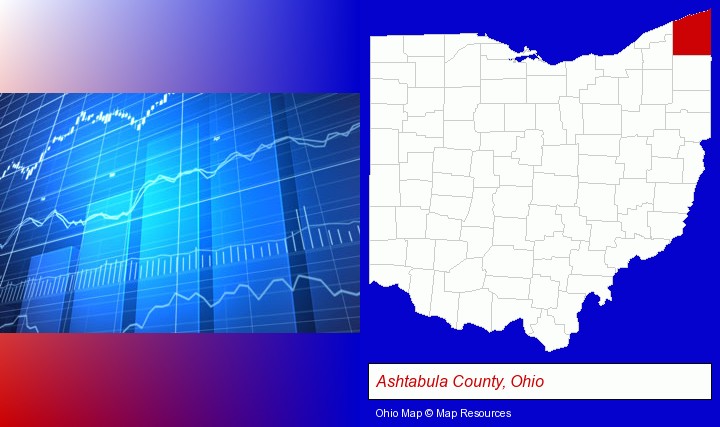 a financial chart; Ashtabula County, Ohio highlighted in red on a map