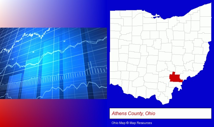 a financial chart; Athens County, Ohio highlighted in red on a map