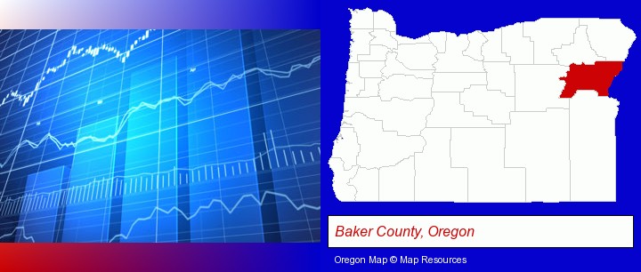 a financial chart; Baker County, Oregon highlighted in red on a map