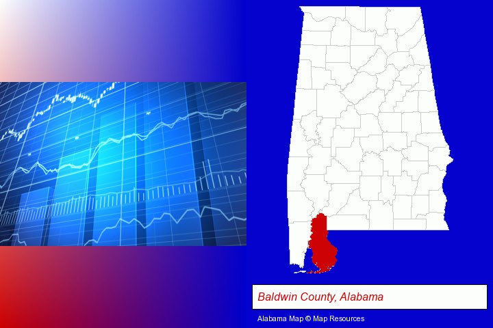a financial chart; Baldwin County, Alabama highlighted in red on a map