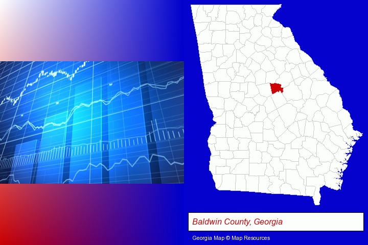 a financial chart; Baldwin County, Georgia highlighted in red on a map