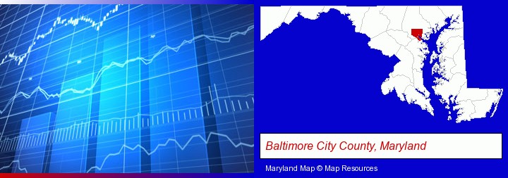 a financial chart; Baltimore City County, Maryland highlighted in red on a map