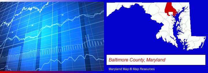 a financial chart; Baltimore County, Maryland highlighted in red on a map