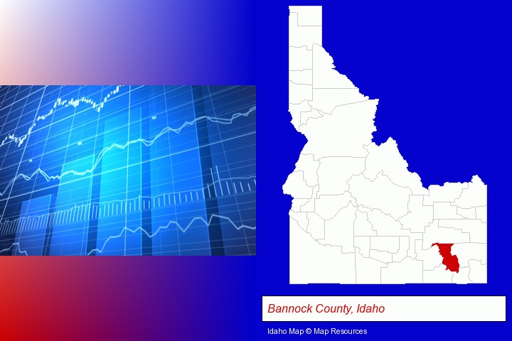 a financial chart; Bannock County, Idaho highlighted in red on a map
