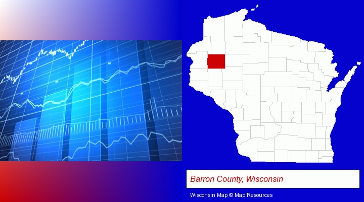 a financial chart; Barron County, Wisconsin highlighted in red on a map