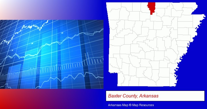 a financial chart; Baxter County, Arkansas highlighted in red on a map