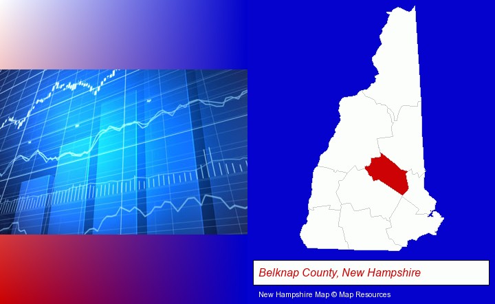 a financial chart; Belknap County, New Hampshire highlighted in red on a map