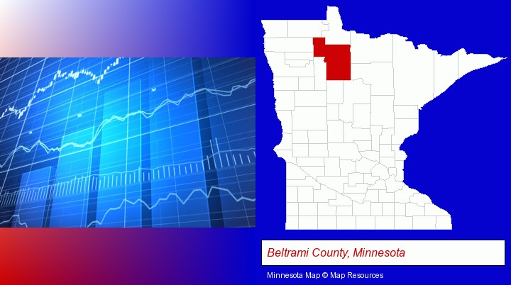 a financial chart; Beltrami County, Minnesota highlighted in red on a map
