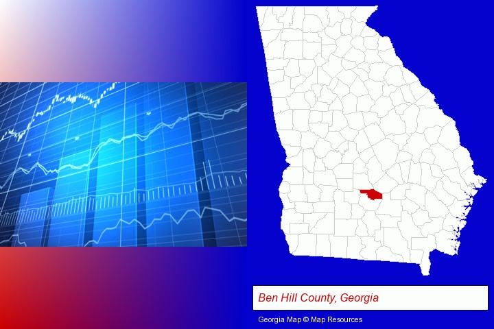 a financial chart; Ben Hill County, Georgia highlighted in red on a map