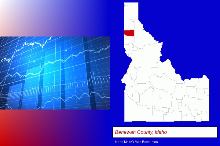 a financial chart; Benewah County, Idaho highlighted in red on a map