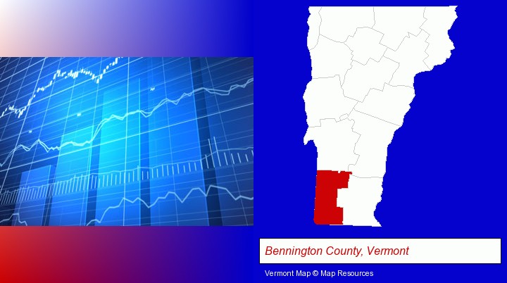 a financial chart; Bennington County, Vermont highlighted in red on a map
