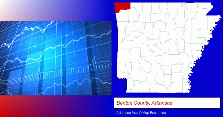 a financial chart; Benton County, Arkansas highlighted in red on a map