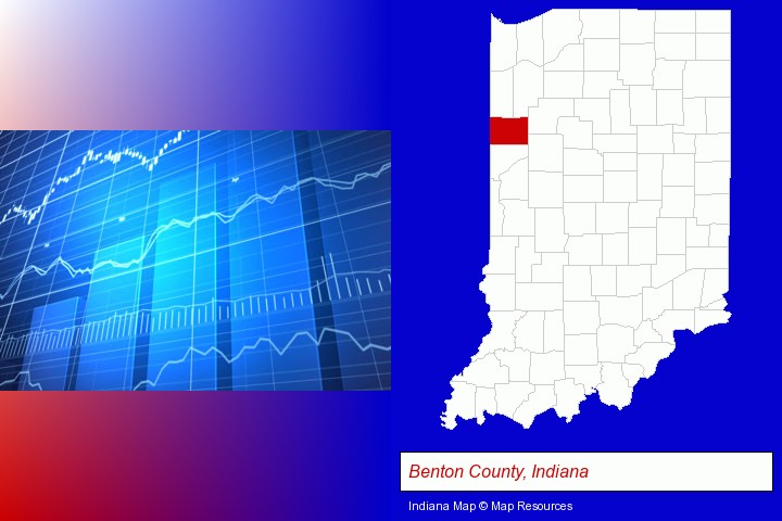 a financial chart; Benton County, Indiana highlighted in red on a map