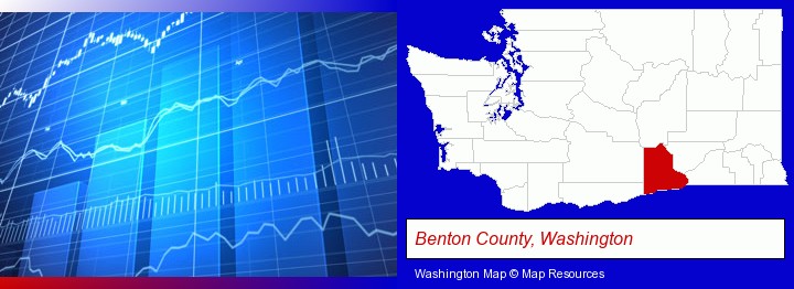 a financial chart; Benton County, Washington highlighted in red on a map