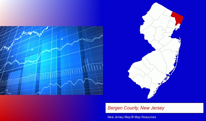a financial chart; Bergen County, New Jersey highlighted in red on a map