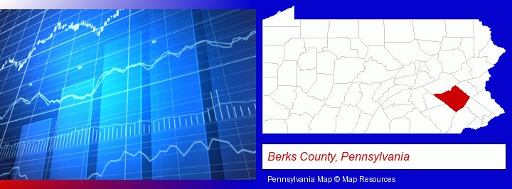 a financial chart; Berks County, Pennsylvania highlighted in red on a map