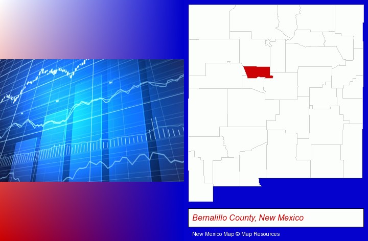 a financial chart; Bernalillo County, New Mexico highlighted in red on a map