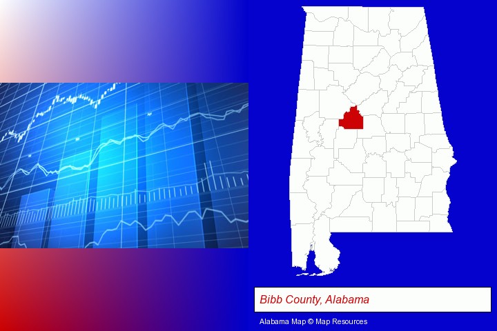 a financial chart; Bibb County, Alabama highlighted in red on a map