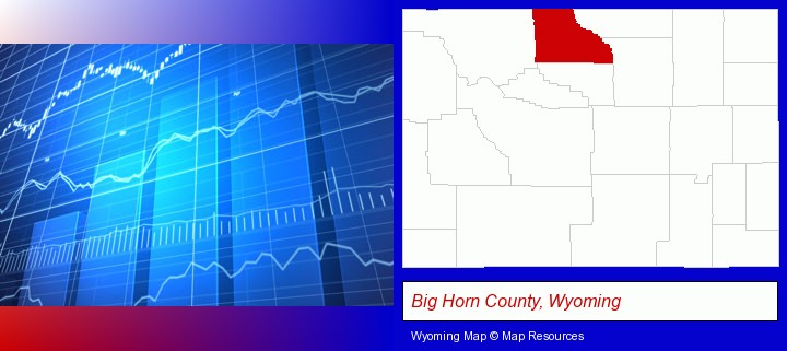 a financial chart; Big Horn County, Wyoming highlighted in red on a map