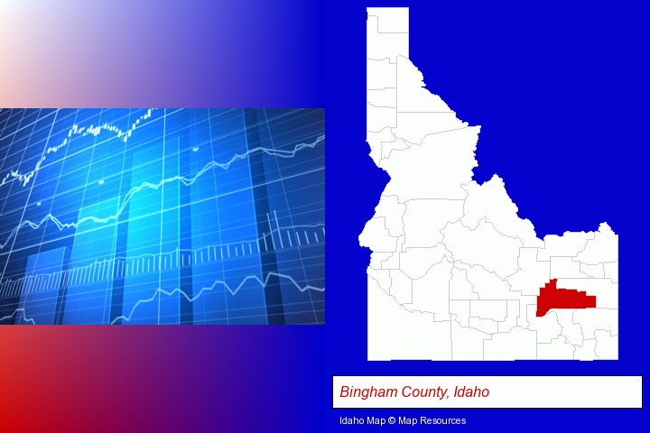 a financial chart; Bingham County, Idaho highlighted in red on a map