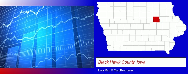 a financial chart; Black Hawk County, Iowa highlighted in red on a map