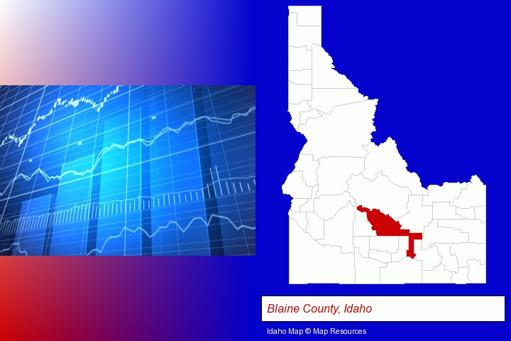 a financial chart; Blaine County, Idaho highlighted in red on a map