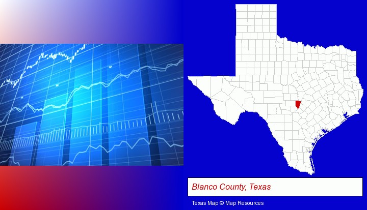a financial chart; Blanco County, Texas highlighted in red on a map