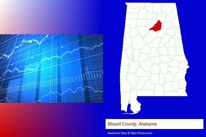 a financial chart; Blount County, Alabama highlighted in red on a map